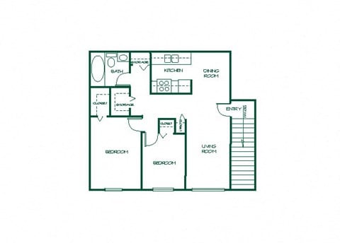 Floor plan for 2 beds, 1 bath, 797 sqft